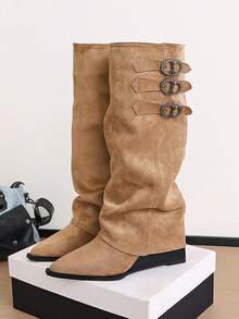 Women's Light-Colored Over-The-Knee Boots, Fashion Khaki Wedge Heel Boots, New Autumn/Winter Pants Boots, Riding Boots, Tall Pleated Boots, Khaki Suede Mid-Calf Slip-On Boots