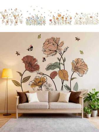Boho Chic Wildflower Wall Decals - Self-Adhesive Matte Finish Floral Stickers In Vibrant Pink, Orange & Green For Living Room, Bedroom & TV Background - Coastal Style Plant Theme Wall Art, Decorative Wall Piece Vibrant Wall Decals Polyurethane Stickers, Boho Decor