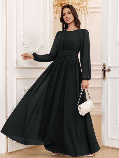 Volly Toych Black Spring Elegant A-Line Round Neck Long Sleeve Floor-Length Chiffon Formal Bridesmaid Dress, Wedding Guest Dress, Unlined Sleeves