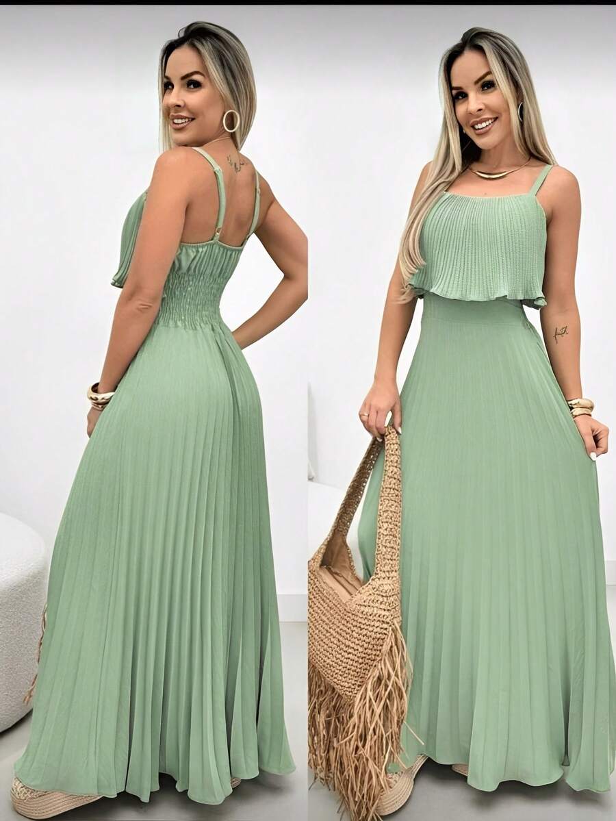 Women's Long Pleated Chic Comfortable Dress With Thin Straps - màu xanh lá - Xem 1