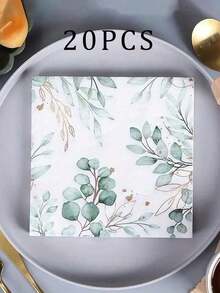 60/20PCS Disposable Paper Napkins With Green Foliage Eucalyptus Leaves Design,Western Food Party Printing Napkins For Birthday, Weddings, Holidays, Halloween, Christmas, New Year, Party Supplies,Supplies Table Decorations,13* 13 Inch
