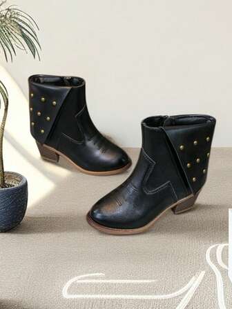 女童黑色铆钉西式厚底拉链休闲靴 - 秋冬鞋履