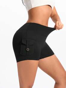 High Waist Yoga Shorts, Solid Color Wide Waistband, Pockets, Elastic Lifting Tight Fit Booty Shorts For Workout, Summer - Black - View 5