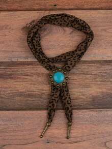 1pc Luxury Leopard Print Silk Scarf Bolo Tie Turquoise Alloy Pendant Adjustable Necklace