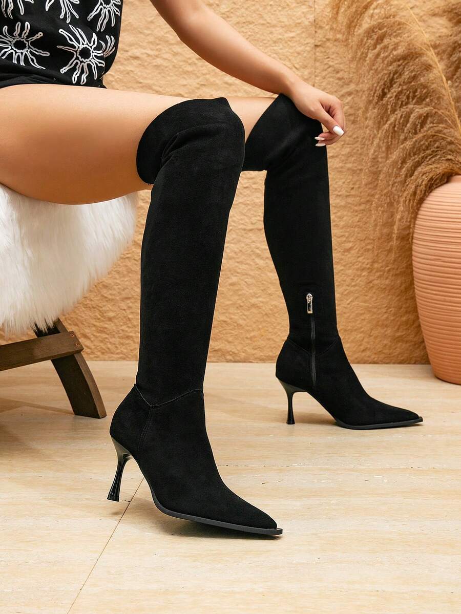 Women's Pointed Toe Side Zipper Stiletto Heel Thigh High Boots - Black - View 1
