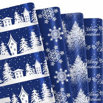 4/8 张节日深蓝色圣诞包装纸，雪花和圣诞树图案，优质礼品盒用纸，派对礼品和节日装饰，圣诞礼物