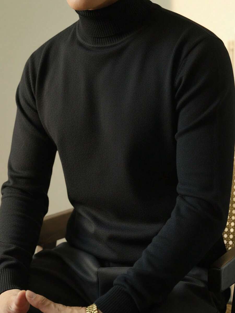 男士高领长袖针织毛衣 - 黑色 - 查看 1