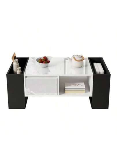Moderne Coffee Tafel 105 60 40.5 Cm Zwart Wit High Gloss Surface, Drawer Open Compartments view 3
