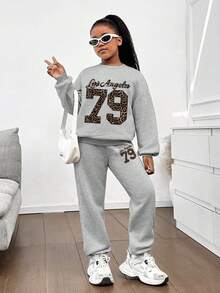两件套女童休闲字母涂鸦印花圆领卫衣和抽绳裤，秋季日常穿着，返校季套装 - 灰色 - 查看 11