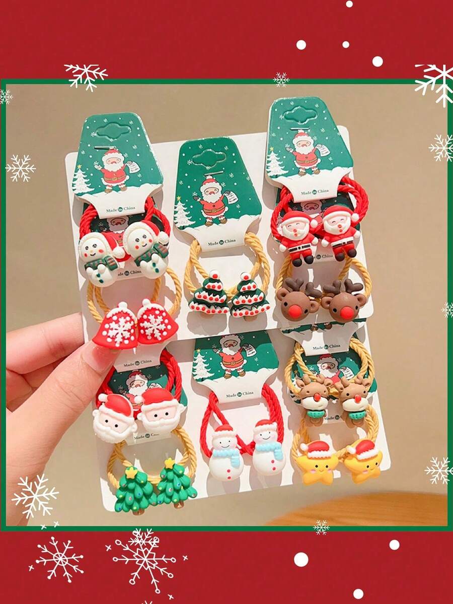 10pcs/Set Girls Cartoon Christmas Santa Claus, Snowman, Reindeer Hair Scrunchies, Elastic Hair Ties, Princess Hair Accessories