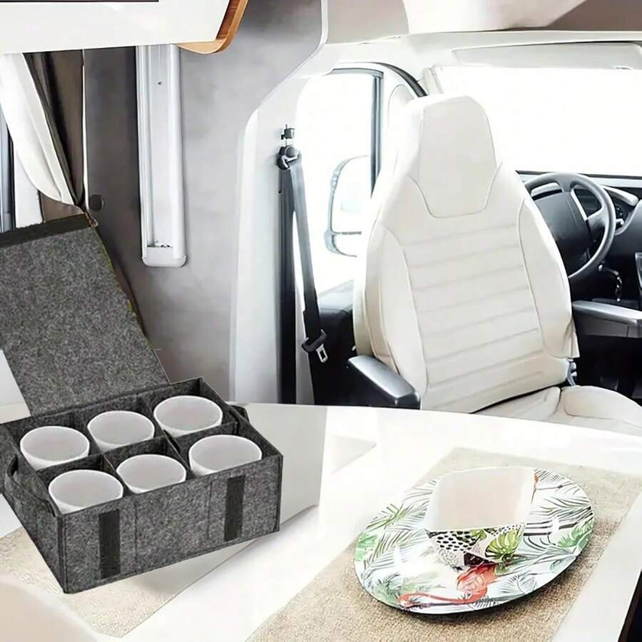 1pc Felt Car Cup Holder Organizer Bag With Compartment Basket - Portable Foldable, Suitable For Kitchen, Camping, Home Storage Rack, Space-Saving Design