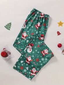 2 件套男士圣诞随机印花图案常规版型圆领套头衫和裤子宽松睡衣套装，轻便，适合春秋季 - 綠色 - 查看 11