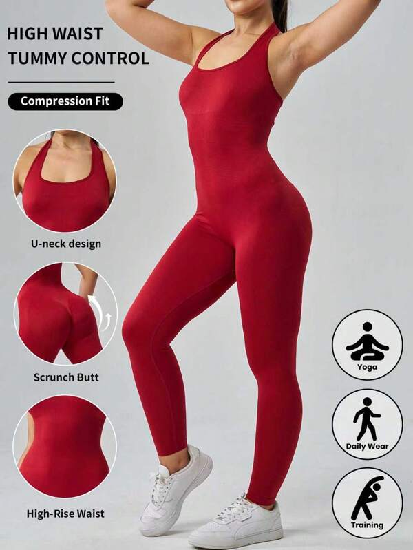 Malla sin costuras de cuello halter y espalda abierta de color rojo carmesí - Tela festiva, perfecta para yoga navideño, fiestas de Navidad y celebraciones de temporada | Colección Festiva 2025