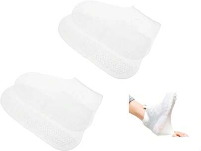 2 Pairs Silicone Waterproof Shoe Covers, Reusable Upgraded Overshoes, Resistant Rain Boots Non-Slip Washable Protection For Women, Men(White-L)