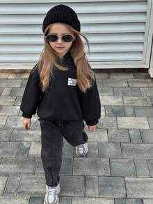 DAZY 女童连帽字母针织抓绒印花卫衣，秋季服装 - 黑色 - 查看 7