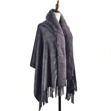 1 pieza Nuevo abrigo de invierno de moda, cálido y esponjoso, chal de unicolor, suave y amigable con la piel, versátil y amplio con flecos, para usar a diario con vestidos - Gris - Ver 5