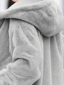 Women's Mid-Length Fleece-Lined Hooded Jacket - Winter Loose Style With Plush Warmth, Long-Sleeve Cozy Outerwear For Cold Days Christmas Gifts Basics Christmas Clothes - 灰色 - 查看 4