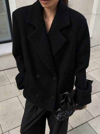 Women's Regular Length Woven Fabric Coat, With Collar, Regular Sleeves And Button Details