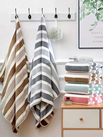 [Super Coral Fleece Towel] Super Soft Coral Fleece Bath Towel, Super Absorbent Polyester Blended, Striped Design, Versatile, Suitable For Family, Beach And Nap, Modern Style, Very Suitable For Adults.