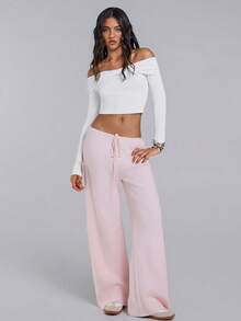 TypaGal Winter Fall Wild Pink Modern Chic New Year Party Retro Elegant Sexy Street Fall Women Clothes Low Rise Women's Casual Versatile Pink Wide Leg Knit Pants Pink Pants Wide Leg Pants,Fall Clothes For Women - Pink - View 1