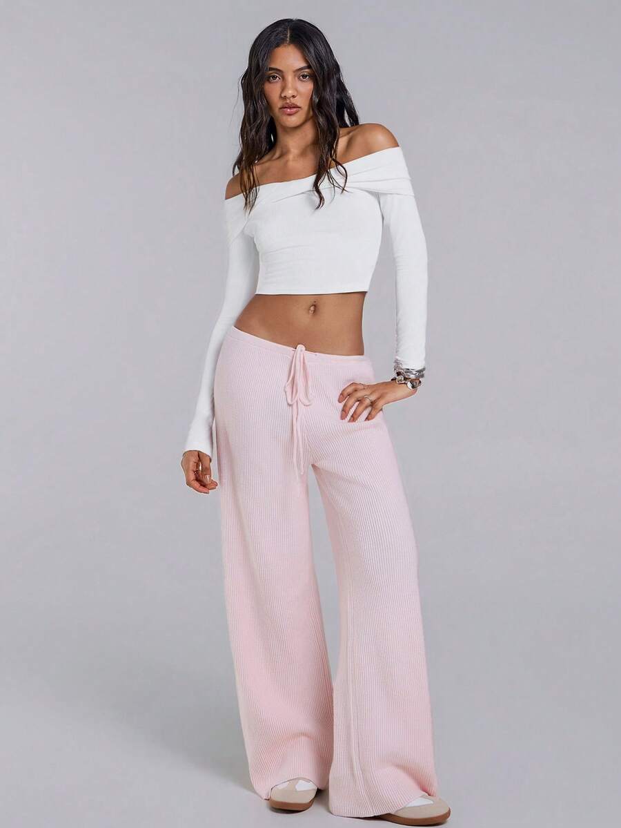 TypaGal Winter Fall Wild Pink Modern Chic New Year Party Retro Elegant Sexy Street Fall Women Clothes Low Rise Women's Casual Versatile Pink Wide Leg Knit Pants Pink Pants Wide Leg Pants,Fall Clothes For Women - Pink - View 1