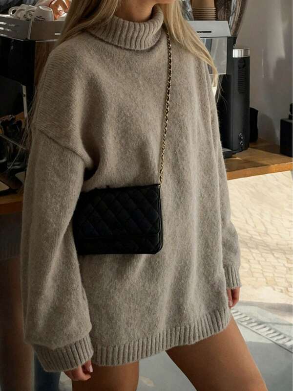 FOR BEAUTY Women's New Style Knitted Sweater For Autumn And Winter, Casual, Simple, And Elegant Street Style, Brown Pure Color Mid-Length Pullover Sweater Top, New Year Clothing