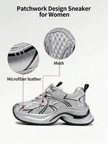 somiliss 5cm Platform Lace-Up Casual Sneakers For Women, Autumn/Winter, Faux Leather & Mesh Patchwork, Comfortable Outdoor Walking Shoes, Silver - Silver - View 4