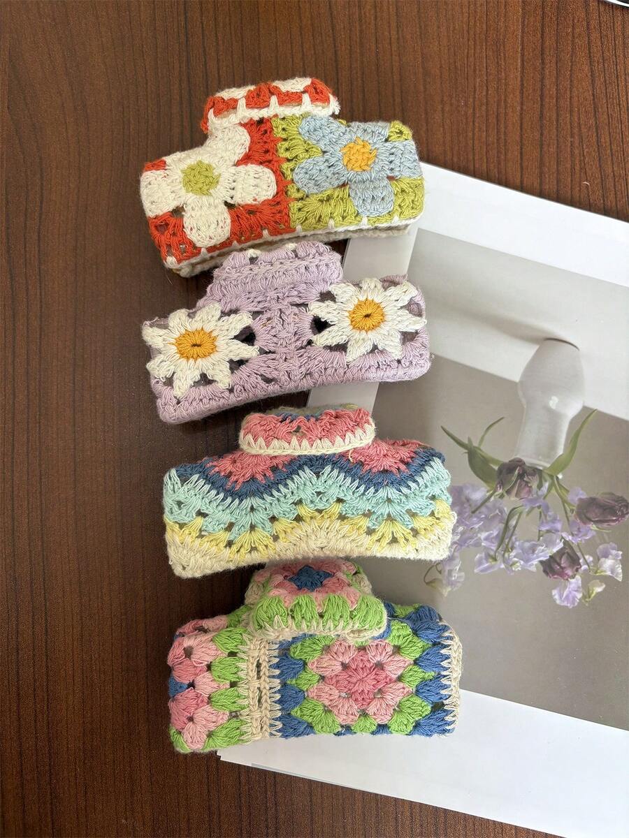 Kẹp tóc lớn hình hoa dâu tây móc len nhiều màu sắc kiểu Pháp, kiểu dáng nghỉ mát ven biển, họa tiết hoa văn Boho, phụ kiện tóc mùa thu/đông, kẹp tóc thanh lịch, kẹp tóc mùa đông, kẹp tóc mùa hè - Nhiều màu - Xem 1