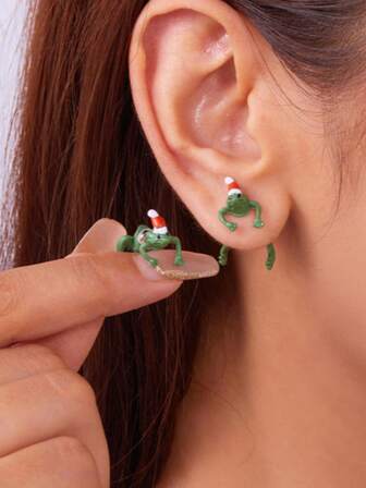 1 par örhängen med söta tecknade grodor och hatt i julserien, överdriven design