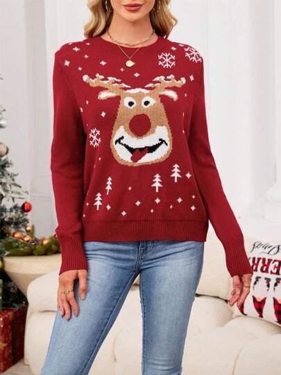 Suéter de Tricô Feminino Fofo com Design de Cervo e Floco de Neve, Versátil Top de Gola Redonda de Manga Longa, Outono/Inverno
