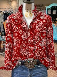 Women's Red Paisley Star Print Blouse Vintage Ruffled Collar Long Sleeve Button Down Western Shirts - Gạch đỏ - Xem 1