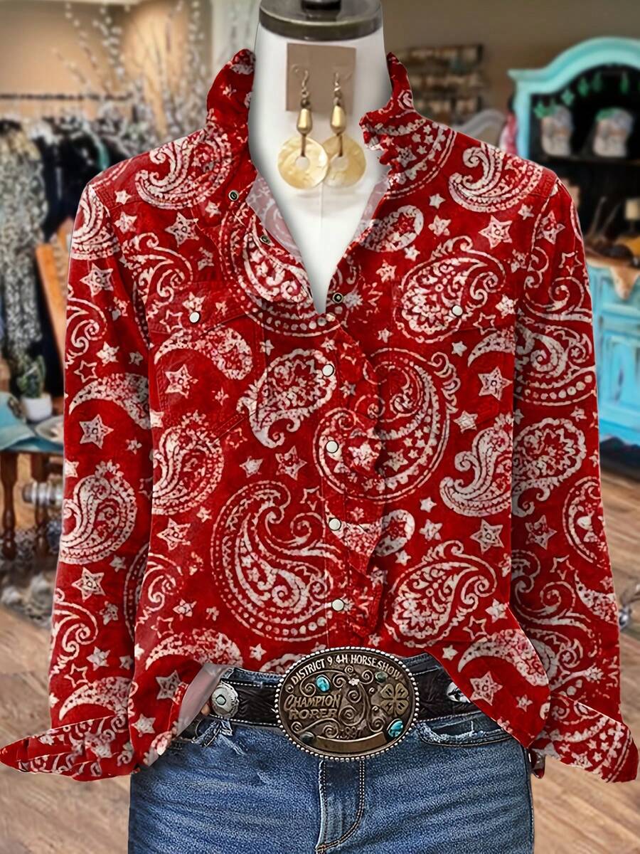 Women's Red Paisley Star Print Blouse Vintage Ruffled Collar Long Sleeve Button Down Western Shirts - Gạch đỏ - Xem 1