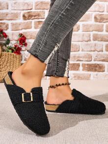 Zapatos de tacón bajo tipo mula en color negro, zapatos planos de moda versátiles con puntera redonda, flecos y hebilla para mujeres - Negro - Ver 4