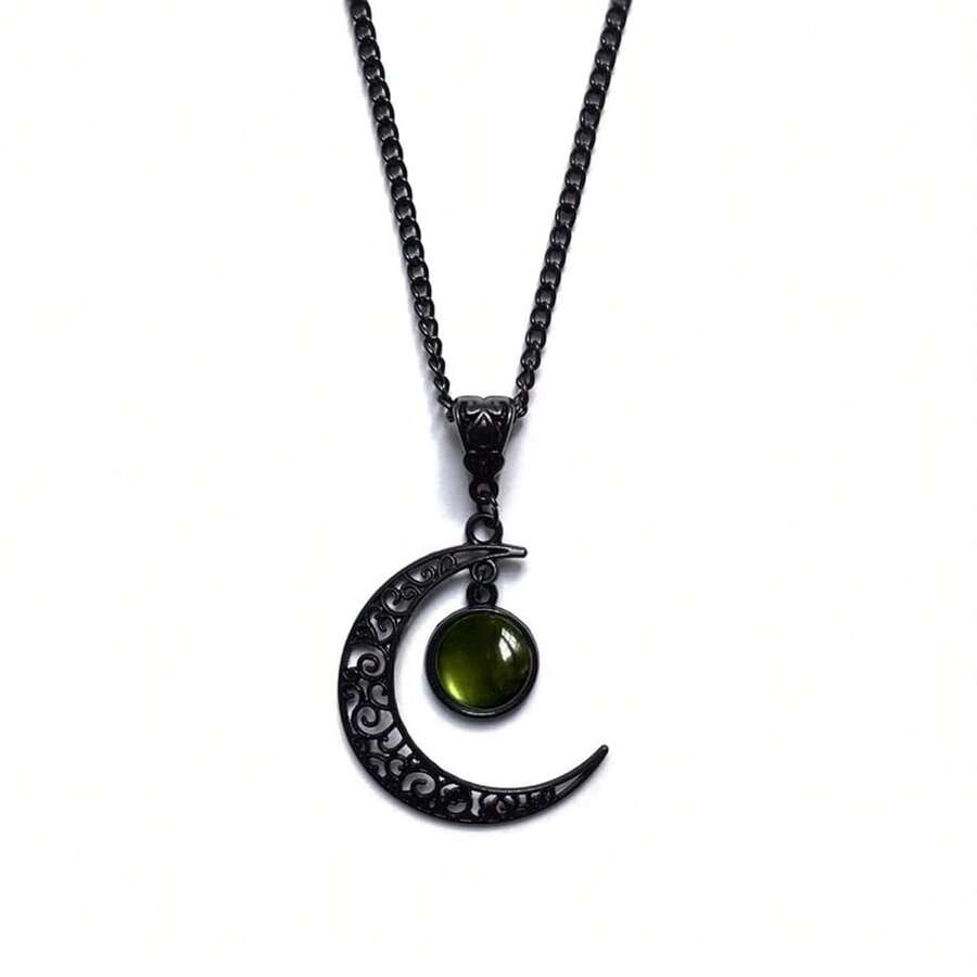 Rrdaily Gothic Moon Crystal Necklace Punk Style Moon Pendant Necklaces Vintage Black Crescent Necklace Dark Gothic Necklaces Costume Jewelry New Year Jewelry For Women{Inchcolor_nameinch:InchGreeninch} - 綠色 - 查看 1