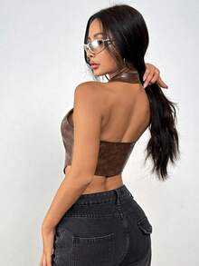 Vexica Damen Trägertop mit offenem Rücken, braun, aus gestricktem Stoff, asymmetrischer Saum, sexy Träger-Tanktop mit Knotendetail