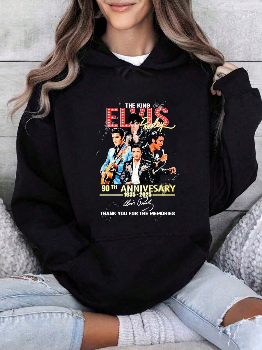 Sudadera con capucha de manga corta y cuello redondo con estampado conmemorativo del 90 aniversario del Rey , para mujeres y hombres - Negro - Ver 1