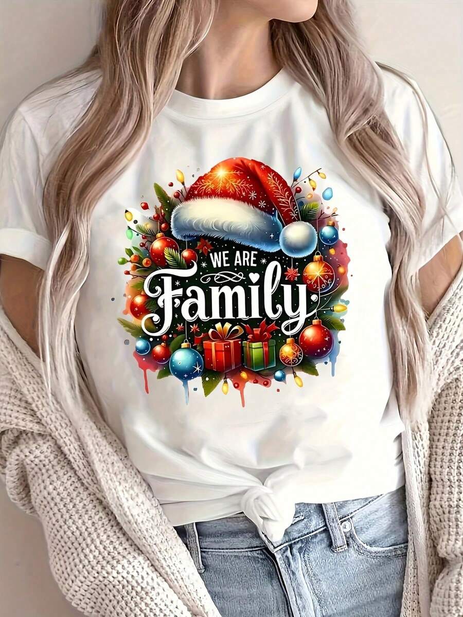 Purchase Product Women's Christmas T-Shirt "We Are A Family" Holiday Font, Casual Round Neck, Normal Fit, Knitted Fabric, All Seasons, Holiday Top An Excellent Gift For Father's Day,Mother's, Birthdays Or Christmas - 白色 - 查看 1