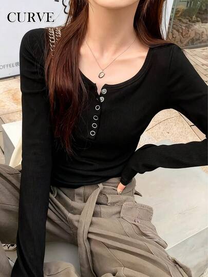 Women's Elegant Square Neck Half-Open Front Casual Fashion Black T-Shirt, Autumn/Winter