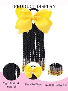 1 pieza Peluca de coleta trenzada con cuentas y lazo para niñas, estilo trenzado con clip, adecuado para niñas - Negro natural - Ver 5