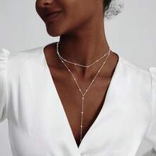 Luxval Lariat Gold Necklace For Women, Dainty Long Necklace 14k Gold Plated/Silver Y-Shaped Pendant Necklaces  Beaded Chain Drop Necklaces Jewelry For Women Gifts{"Color_name":"Silver-YLayeredBeadNecklace"} - 銀色-Y形多層珠項鍊 - 查看 3