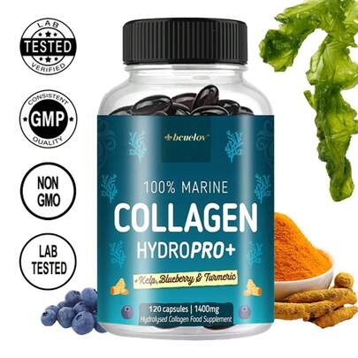 Hidrolizado de colágeno de algas, 1400 mg por porción, con algas marinas, arándanos y cúrcuma para favorecer la salud de la piel, 120 cápsulas