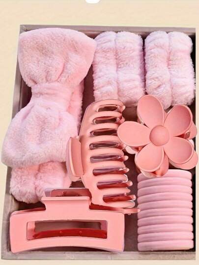 16 piezas Diadema con lazo de peluche de coral, aro para el cabello, pulsera y set de aros de peluche, adecuado para niñas, accesorios de pinzas para el cabello con flores, adecuado para todas las estaciones