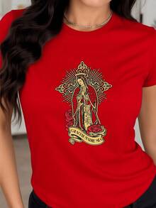 Fashionable Sacred Image Of The Virgin Mary Surrounded By Golden Rays And Red Roses, A Symbol Of Faith, Gratitude, And Hope. Women's T-Shirt, 100% Soft And Comfortable Cotton. - 紅色的 - 查看 9