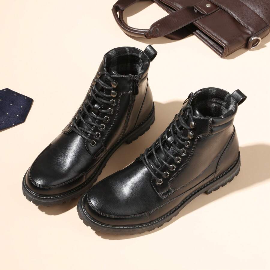 Men's Black Motorcycle Combat Oxford Boots Fur Lining Warm Zipper Boots - 黑色 - 查看 1
