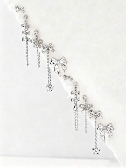 10pcs Silver Bow Earrings Set, Including Bow Stud Earrings And Bow Pendant Earrings, Jewelry For Women