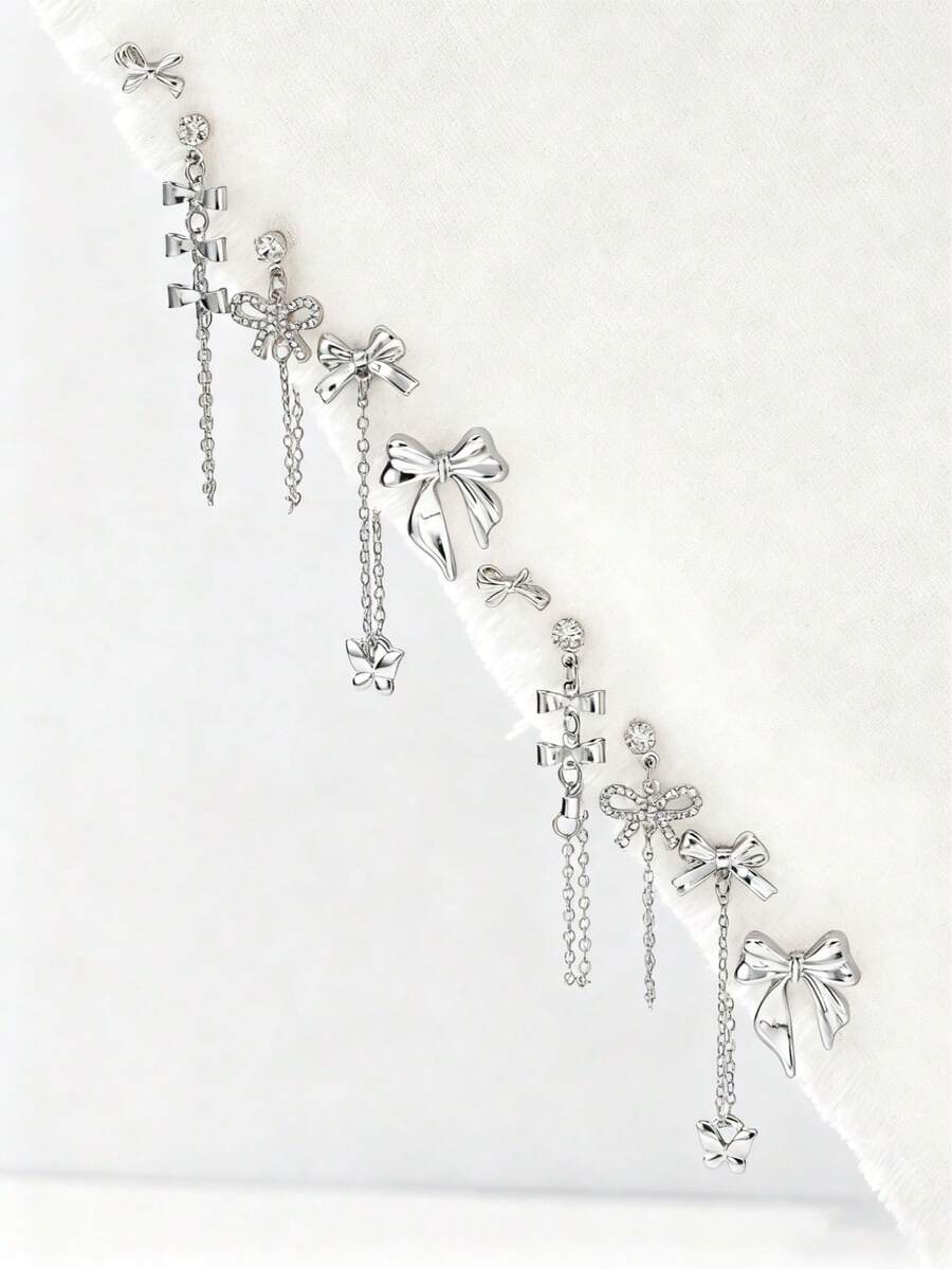 10pcs Silver Bow Earrings Set, Including Bow Stud Earrings And Bow Pendant Earrings, Jewelry For Women