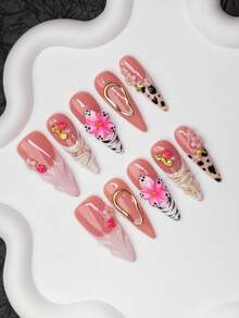 10片/套 手工杏仁形Y2K坏女孩风格美甲贴片，裸色和粉色，法式贴片，奶牛纹、斑马纹、雕刻、海马、水钻、不对称液态金属、小花、钢珠元素，适合女性和女孩，派对、舞蹈、日常佩戴，包含工具包，可作为女士美甲用品礼物。 - 彩色 - 查看 2