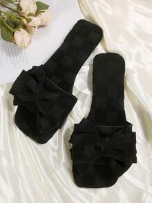 Neue Damen Große Größen Bequeme einfache quadratische Zehenpartie Süße Schleife Strick Flauschige Slip-On Flache Sandalen, Lässige Mode Outdoor Strand Hausschuhe für den Sommer - Schwarz - Übersicht 6