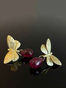 1pc Vintage Red Crystal Teardrop & Butterfly Design 16K Gold Alloy Earrings, Suitable For Outings, Parties, Gatherings, Performances