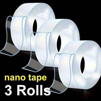 [Strong Adhesive Tape] 3 Rolls Of Strong Adhesive Nano Double-Sided Tape - Reusable, Clear, No Residue - Markless And Washable - Transparent Polyurethane Material With High Viscosity - Suitable For Plastic, Wood, Glass, And Metal, Suitable For Home, Office, And Car Use- Perfect For Holiday Party Decorations, Halloween, Christmas, Thanksgiving, New Year, Mother's Day, And Easter